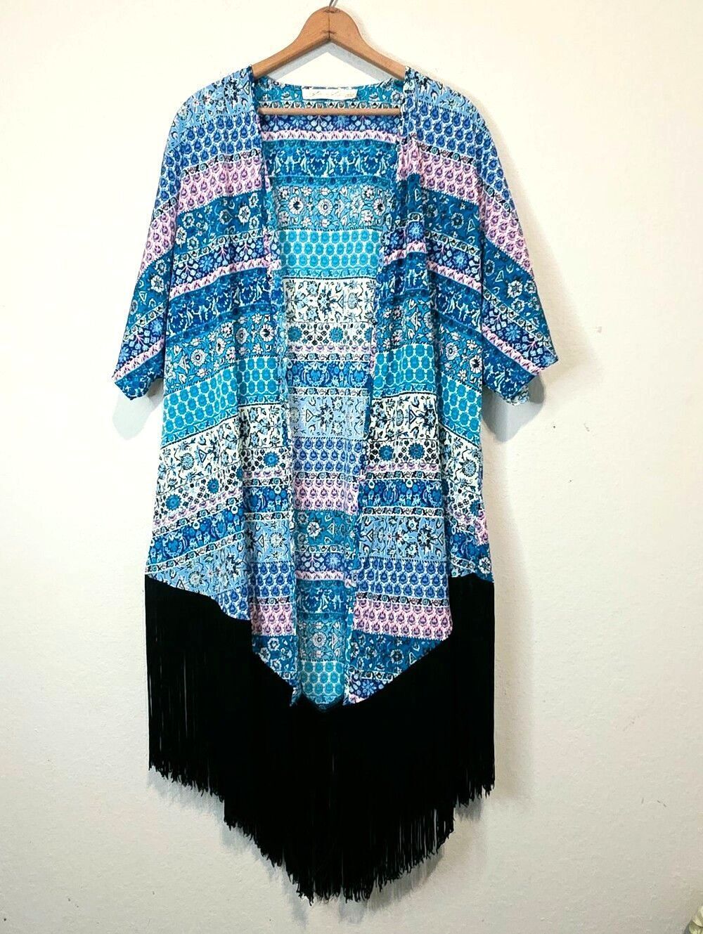 Liberty Love Blue Floral Cardigan Kimono Fringe Festival Boho Western Large
